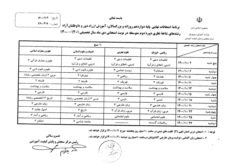 معلمان ایران - برنامه امتحانات نهایی پایه دوازدهم نوبت دی ماه 1400 